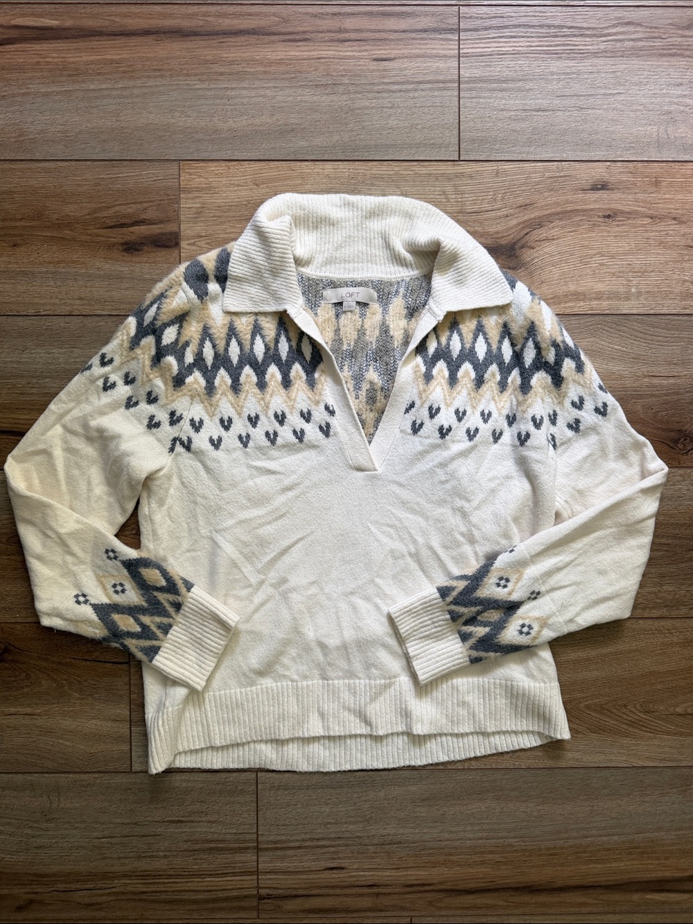 LOFT Cream V-Neck Collared Fair Isle Pullover with Gray and Tan Accents